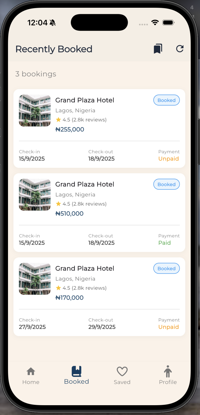 Bookings Screen